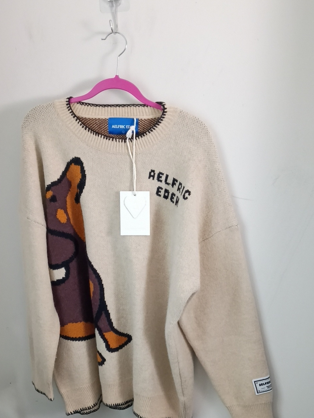 Aelfric Eden Beige Crewneck Sweater with Multicolor Dog Motif